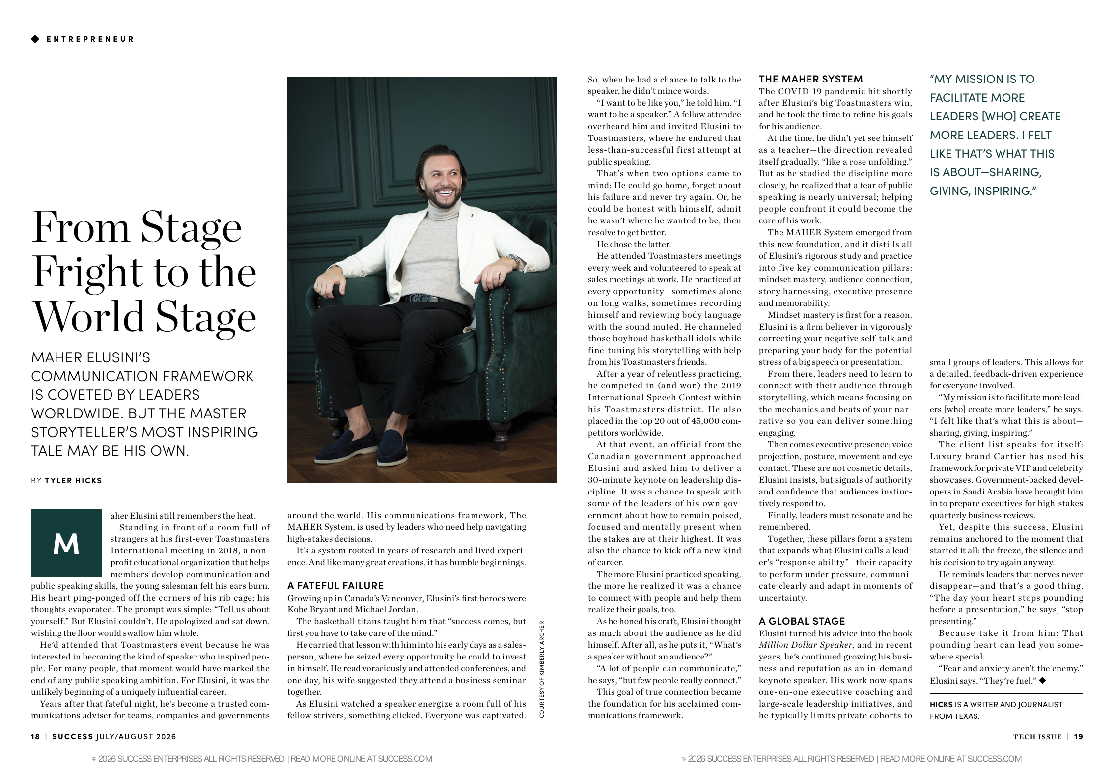 Maher Elusini's complete two page SUCCESS Magazine feature, From Stage Fright to the World Stage